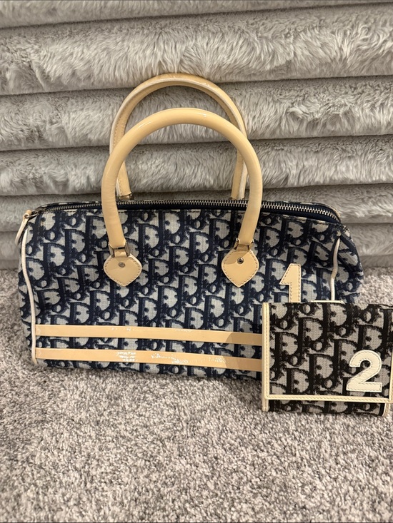 Dior Handbags - Dior Navy Monogram Canvas Satchel with Cream Leather Trim